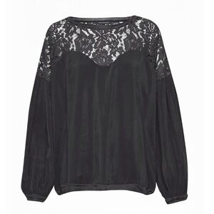 French Connection Lassia Cupro Lace Yoke Top Knit Sweater Black Small S